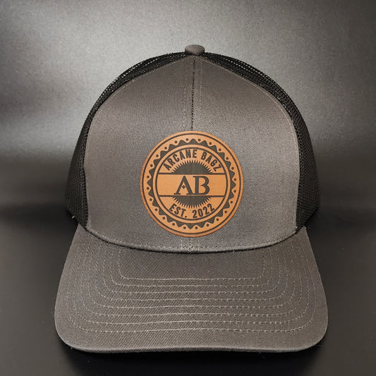 AB Hat - Charcoal/Black Mesh with Arcane Bagz Logo - Leather Patch Front
